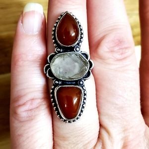 New Natural Crystal Quartz & Carnelian 925 Silver Ring.